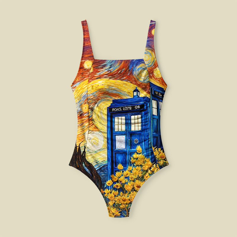 Tardis Time Travel Van Gogh Oil Painting Tummy Control One Piece Swimsuit