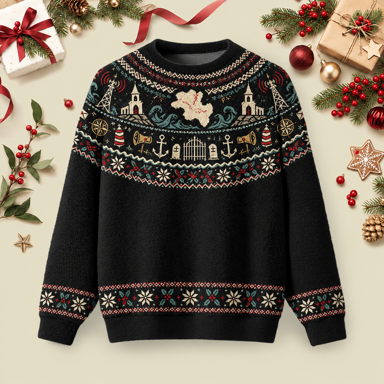 Haunted Island Radio Tower Holiday Ugly Christmas Fluffy Sweatershirt