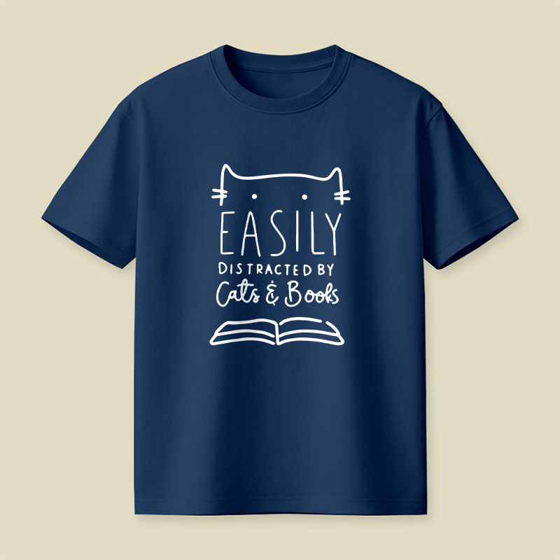 Funny Easily Distracted By Cats And Books Playful T-Shirt