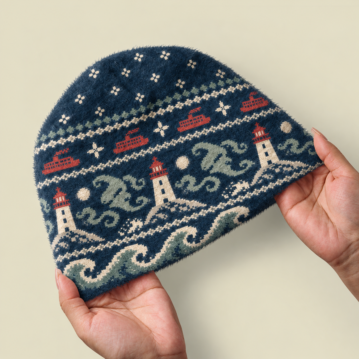 Nautical Lighthouse Sea Monster Fuzzy Beanie