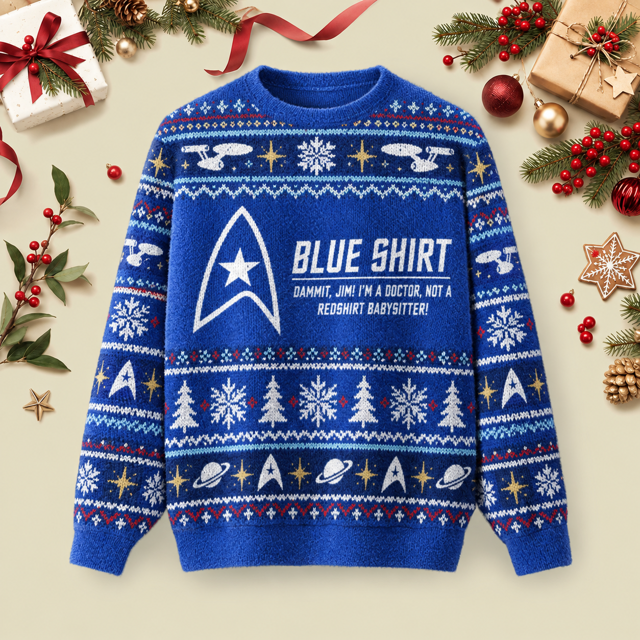 Blue Shirt Not A Redshirt Babysitter Ugly Christmas Fluffy Sweatershirt