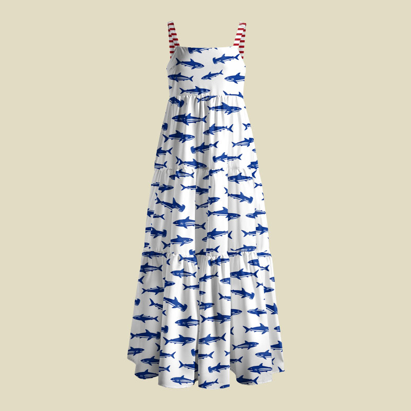 Nautical Blue Shark Stripe Strap Playful Maxi Dress