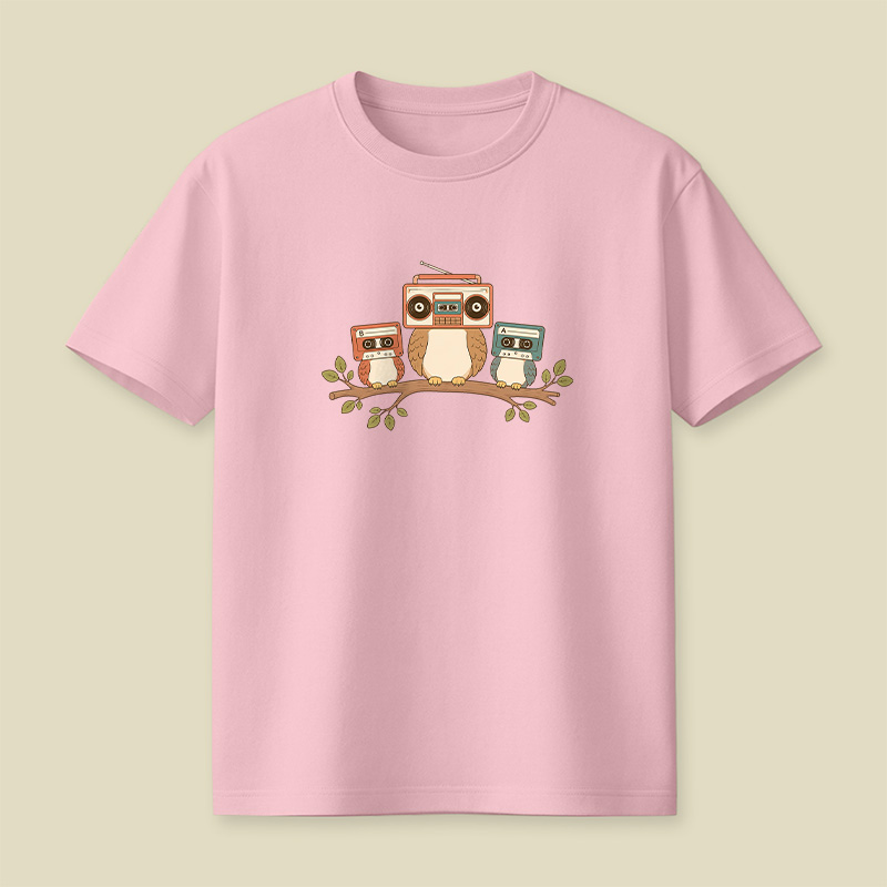 Owls With Boombox And Cassettes Playful T-Shirt
