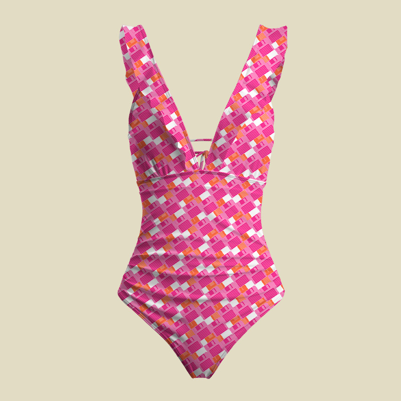 Floppy Disk Vintage V-Neck One Piece Swimsuit