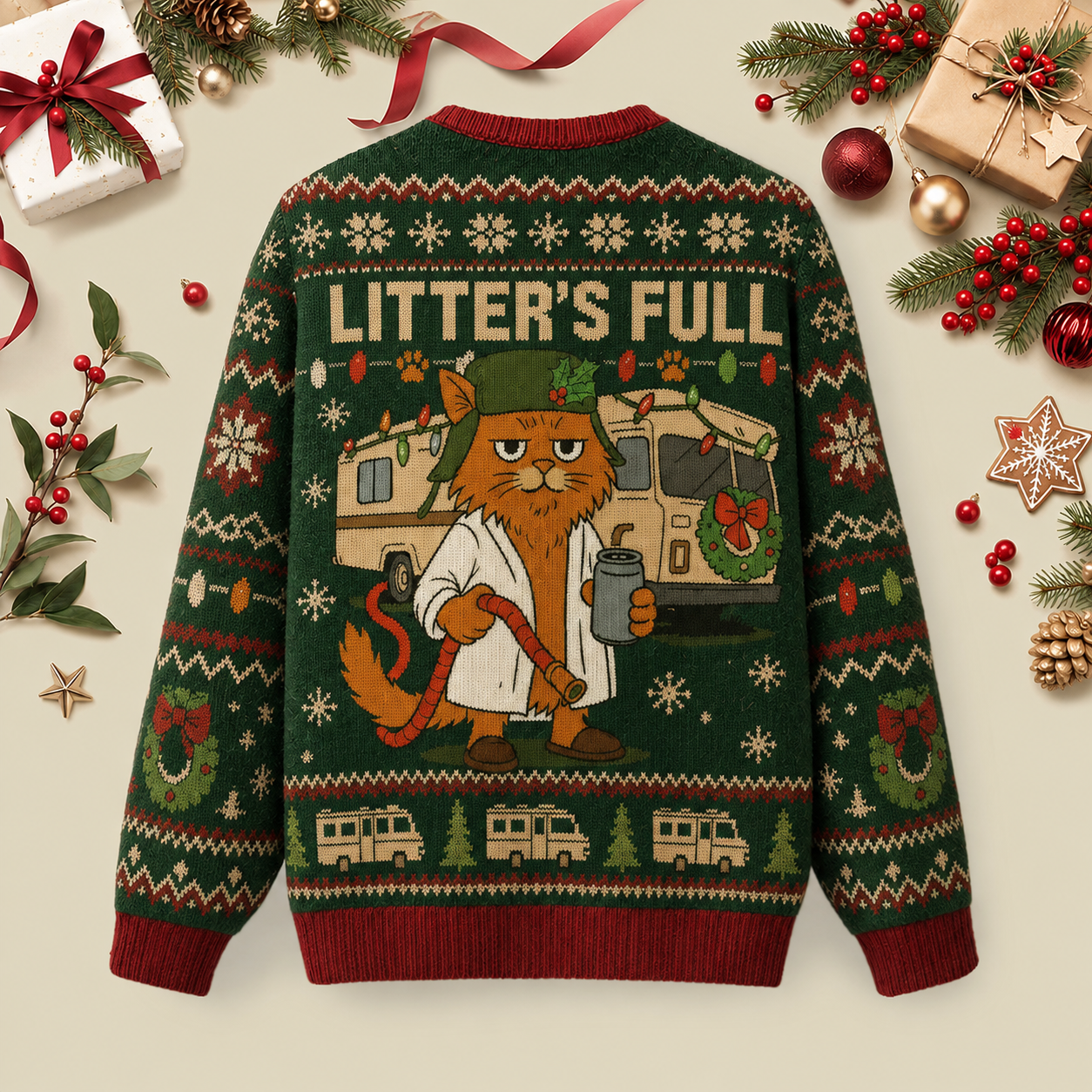 Litter'S Full Vacation Cat Ugly Christmas Fluffy Sweatershirt