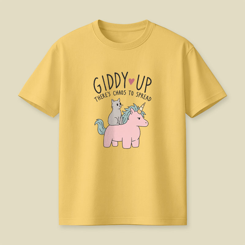 Cute Cat Riding Unicorn - Giddy Up Playful T-Shirt