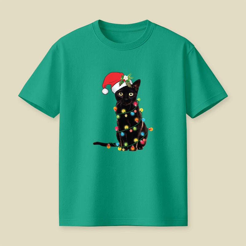 Santa Black Cat Tangled Up In Christmas Tree Lights Playful T-Shirt