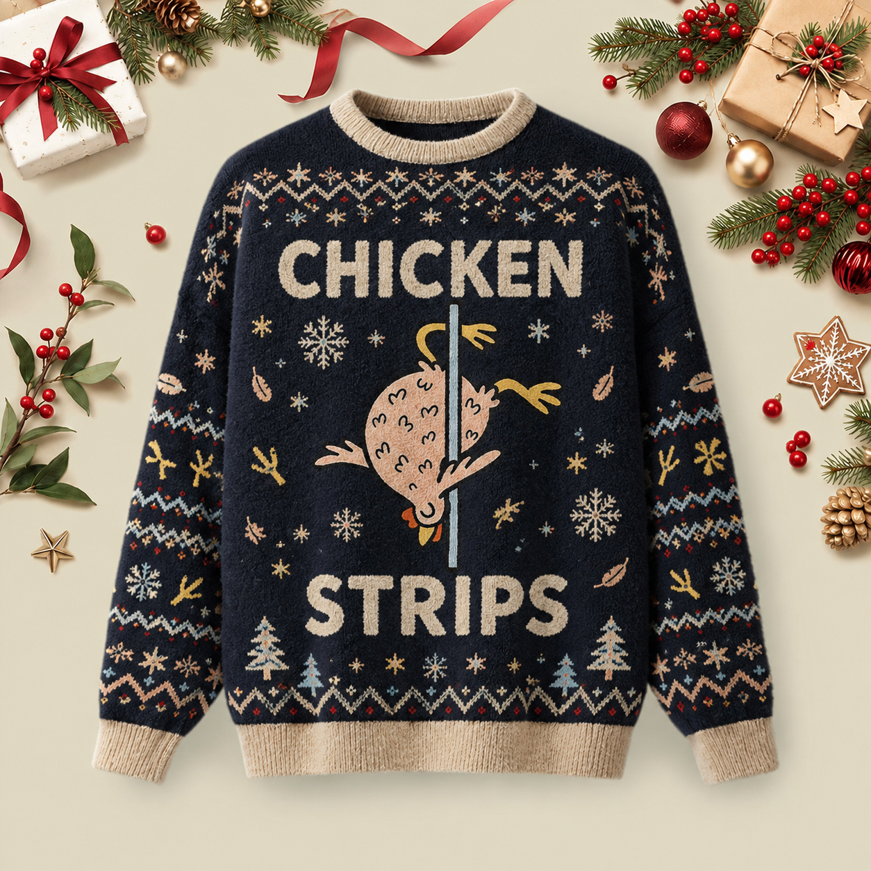 Chicken Strips Meme Ugly Christmas Fluffy Sweatershirt