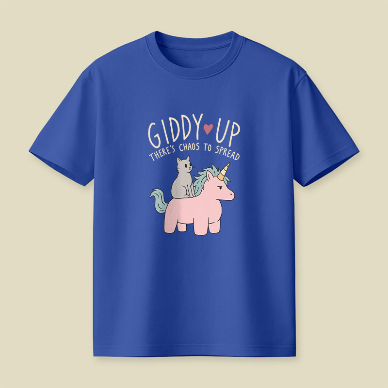 Cute Cat Riding Unicorn - Giddy Up Playful T-Shirt