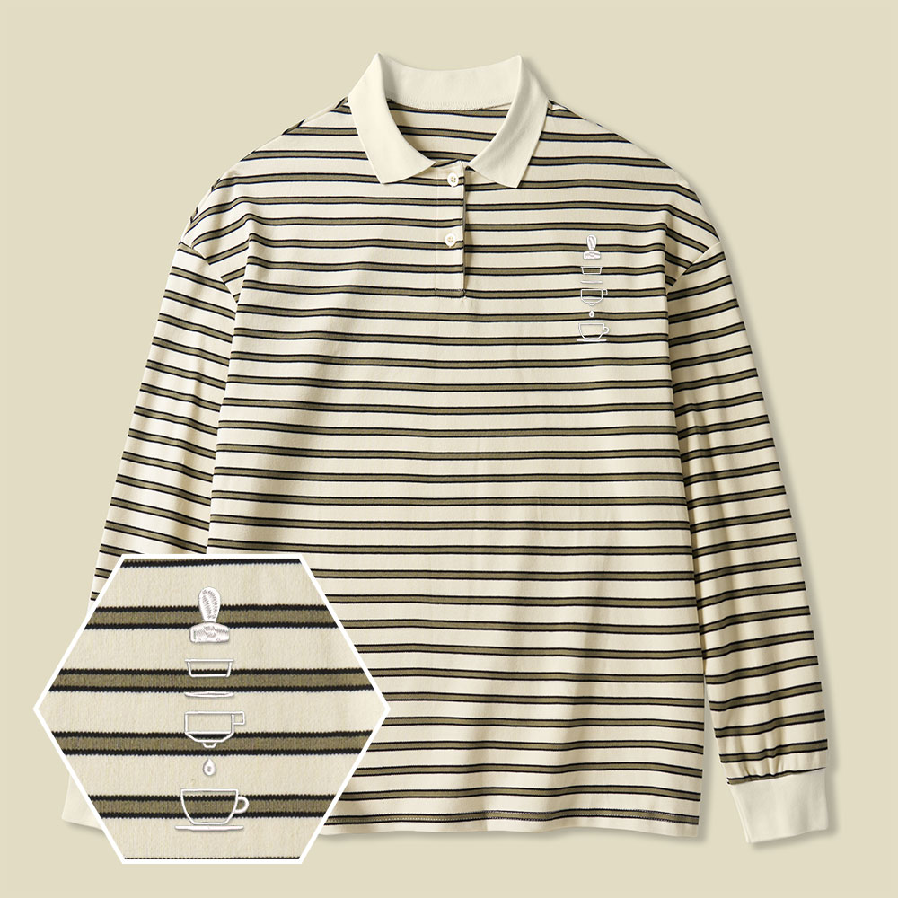 Perfect Espresso Lycra Striped Embroidered Long-Sleeve Polo
