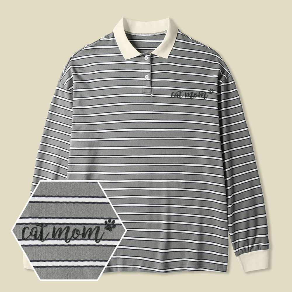 Cat Mom Lycra Striped Embroidered Long-Sleeve Polo