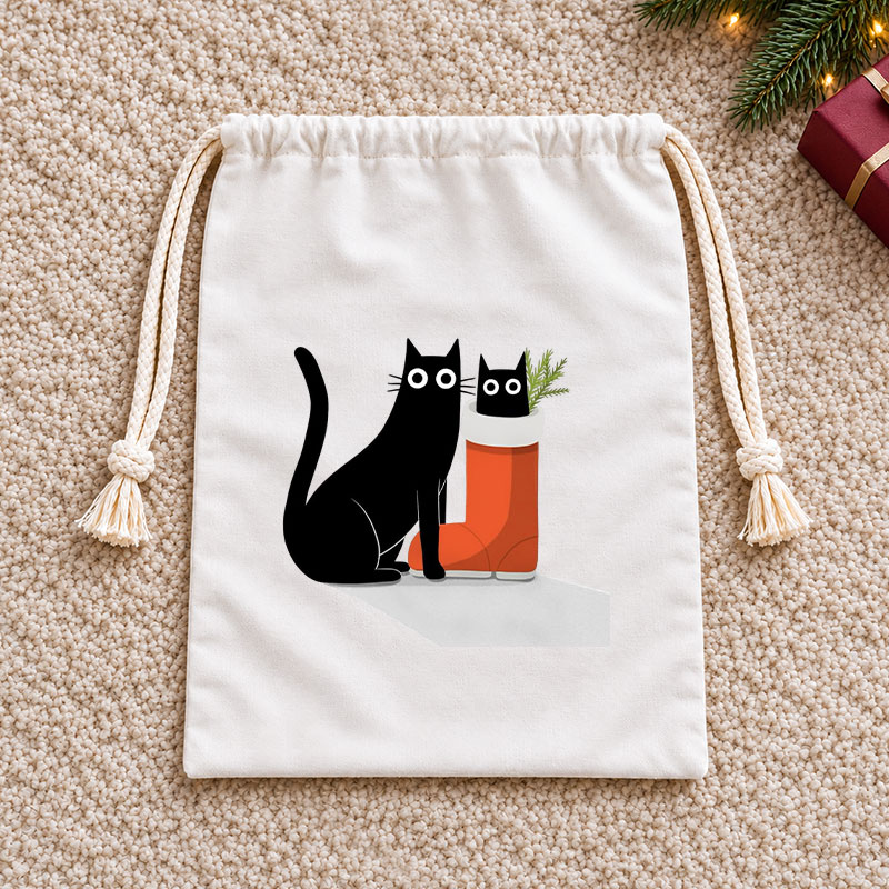 Black Cat & Kitten In Christmas Boot Christmas Drawstring Gift Bag