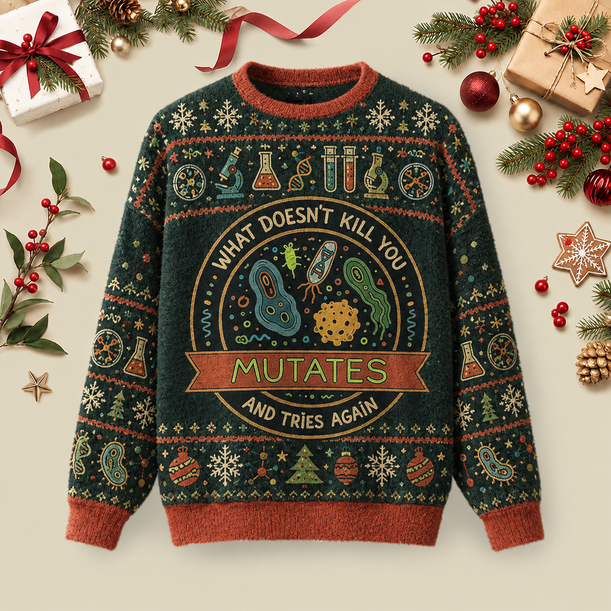 What Doesn't Kill You Mutates and Tries Again Ugly Christmas Fluffy Sweatershirt