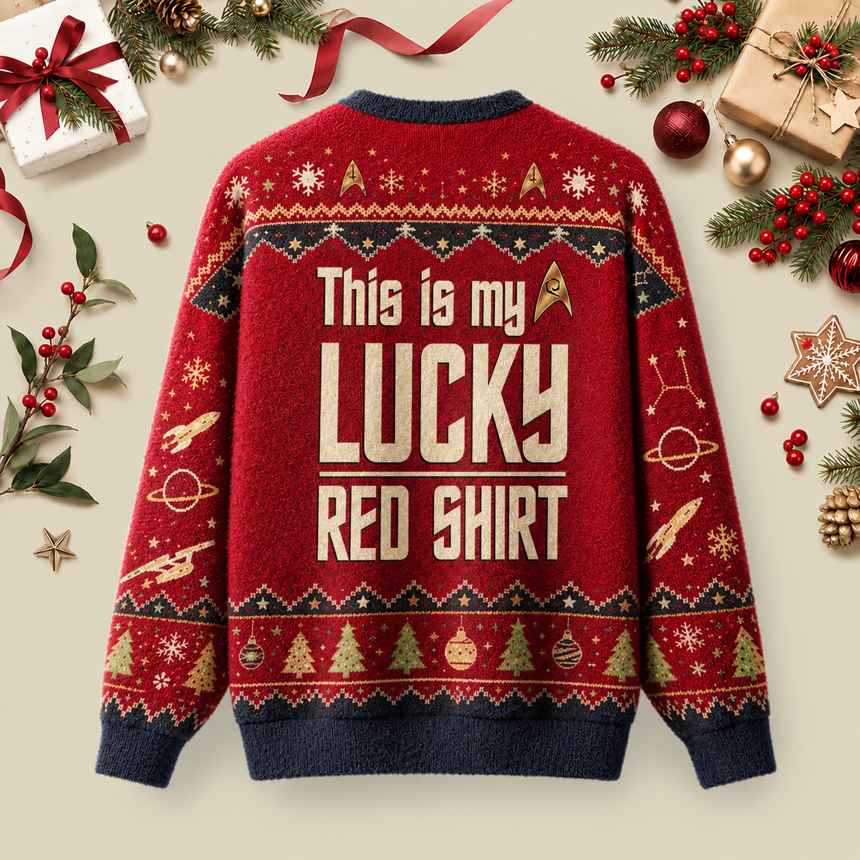 The Original Series This Is My Lucky Red Shirt Ugly Christmas Fluffy Sweatershirt