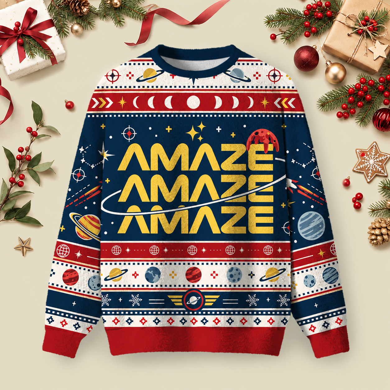 Amaze Amaze Amaze Space Sci-Fi Ugly Christmas Fluffy Sweatershirt