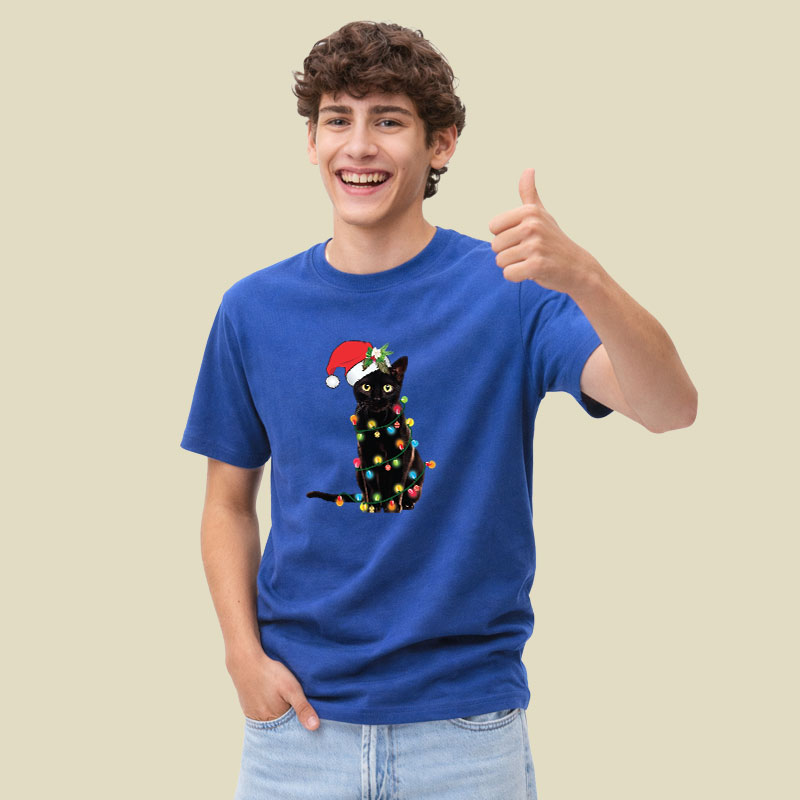 Santa Black Cat Tangled Up In Christmas Tree Lights Playful T-Shirt
