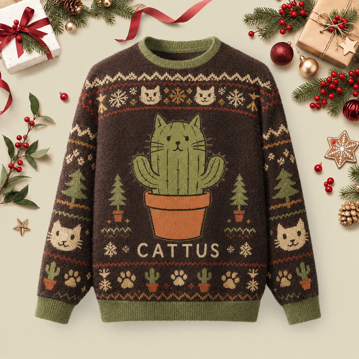 Cattus Cactus Cat Ugly Christmas Fluffy Sweatershirt