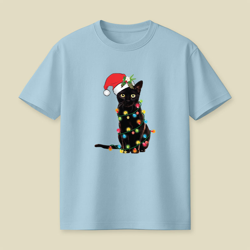 Santa Black Cat Tangled Up In Christmas Tree Lights Playful T-Shirt