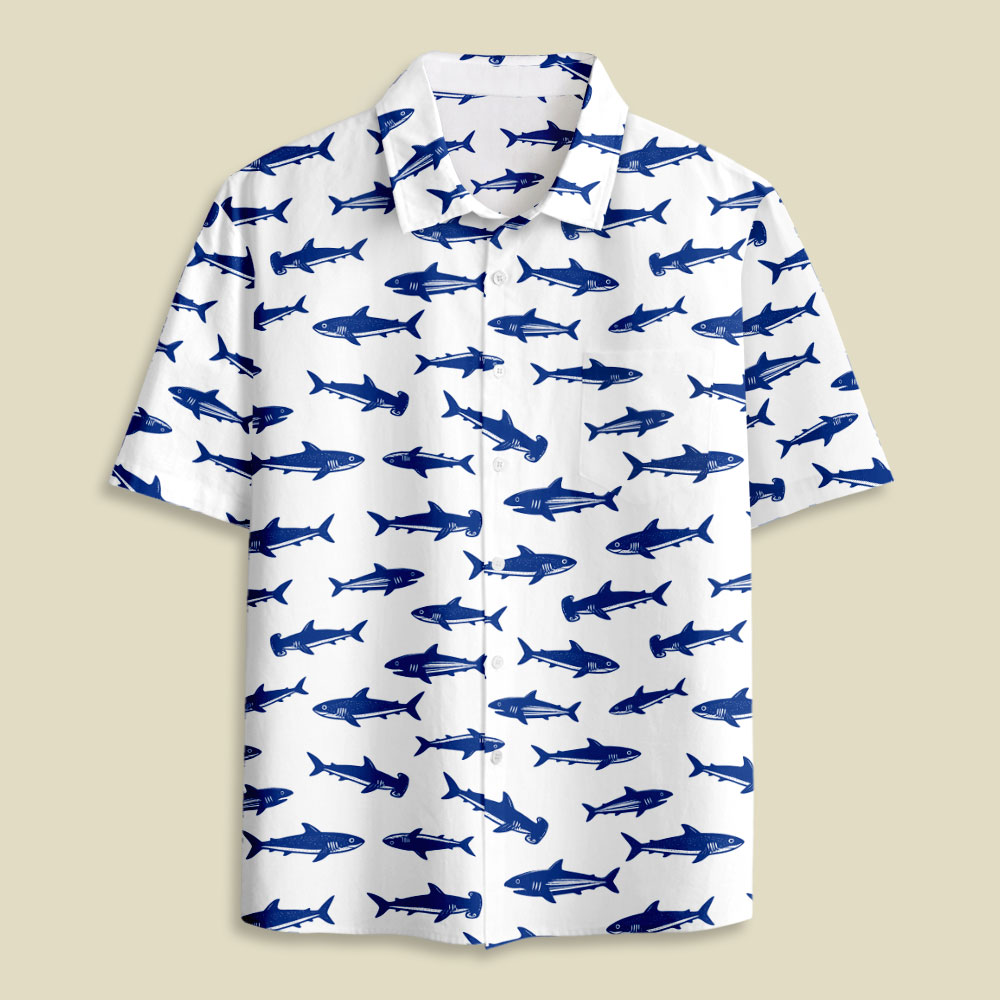 Nautical Blue Shark Stripe Strap Button Up Pocket Shirt