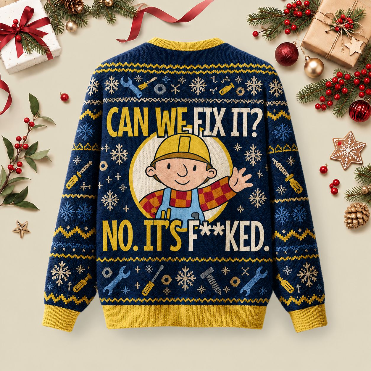 Can We Fix It Funny Repair Man Ugly Christmas Fluffy Sweatershirt