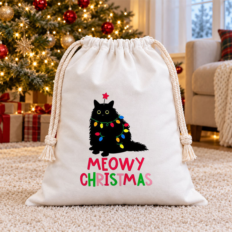 Meowy Christmas Fluffy Black Cat Christmas Drawstring Gift Bag