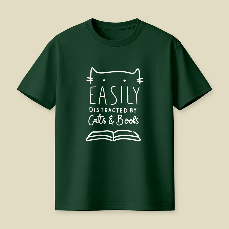 Funny Easily Distracted By Cats And Books Playful T-Shirt