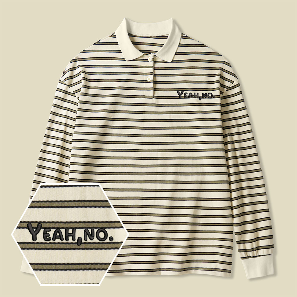 Yeah No Funny Sarcastic Lycra Striped Embroidered Long-Sleeve Polo