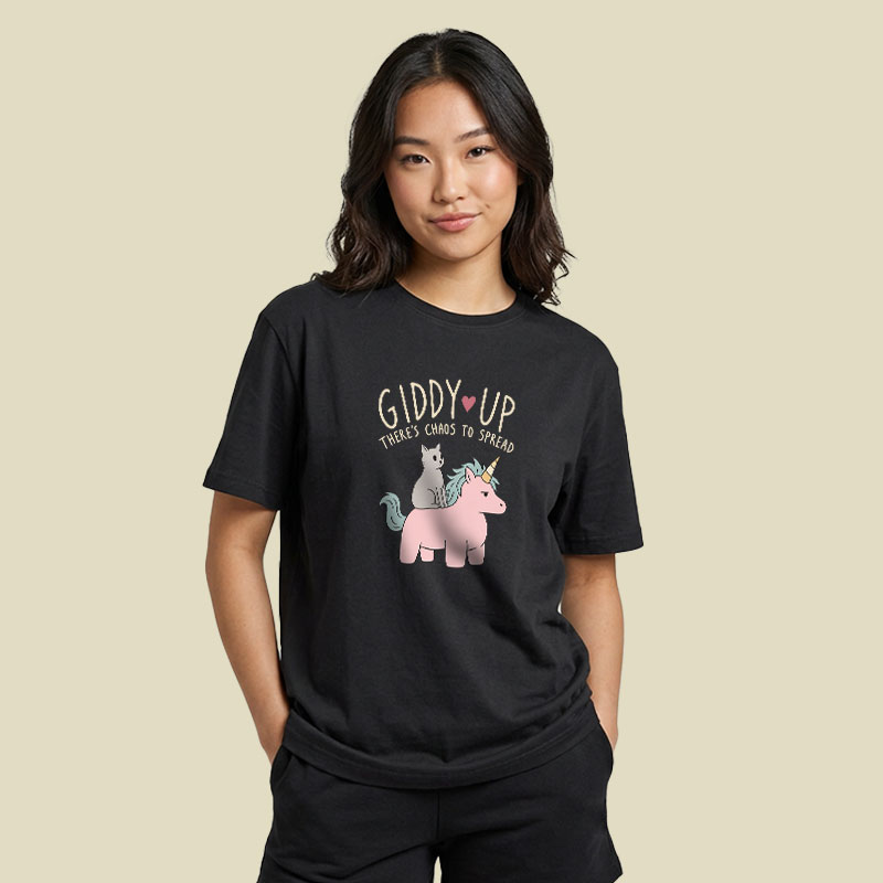 Cute Cat Riding Unicorn - Giddy Up Playful T-Shirt