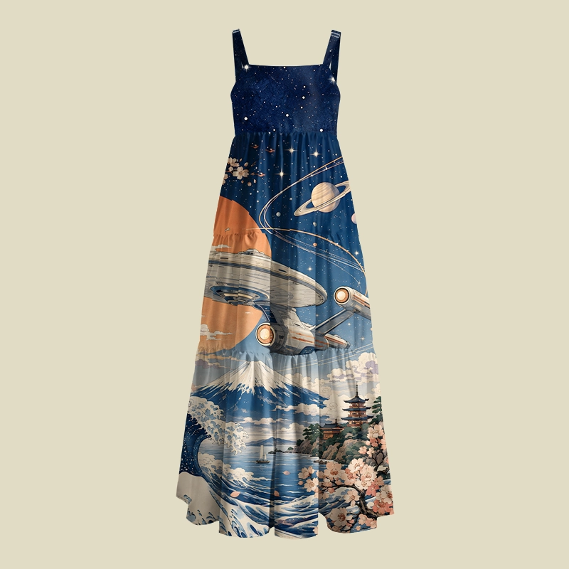 Great Wave Mount Fuji Space Starship Playful Maxi Dress
