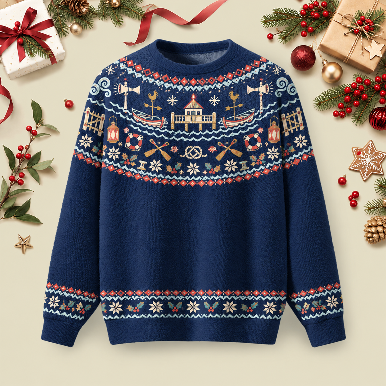 Nautical Harbor Christmas Fair Isle Ugly Christmas Fluffy Sweatershirt