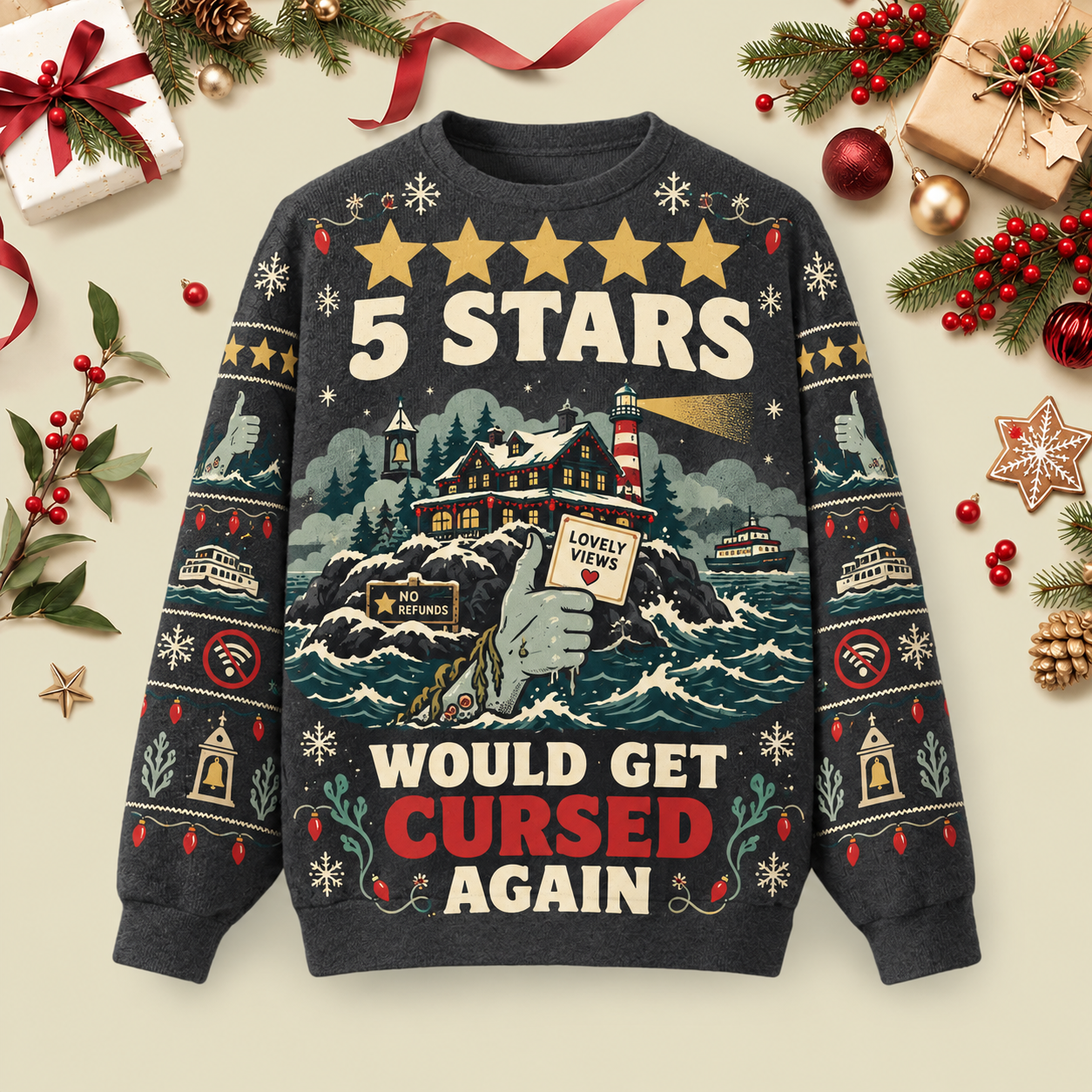 5 Stars Ugly Christmas Fluffy Sweatershirt