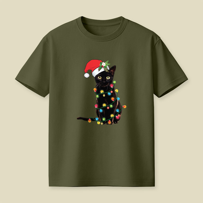 Santa Black Cat Tangled Up In Christmas Tree Lights Playful T-Shirt