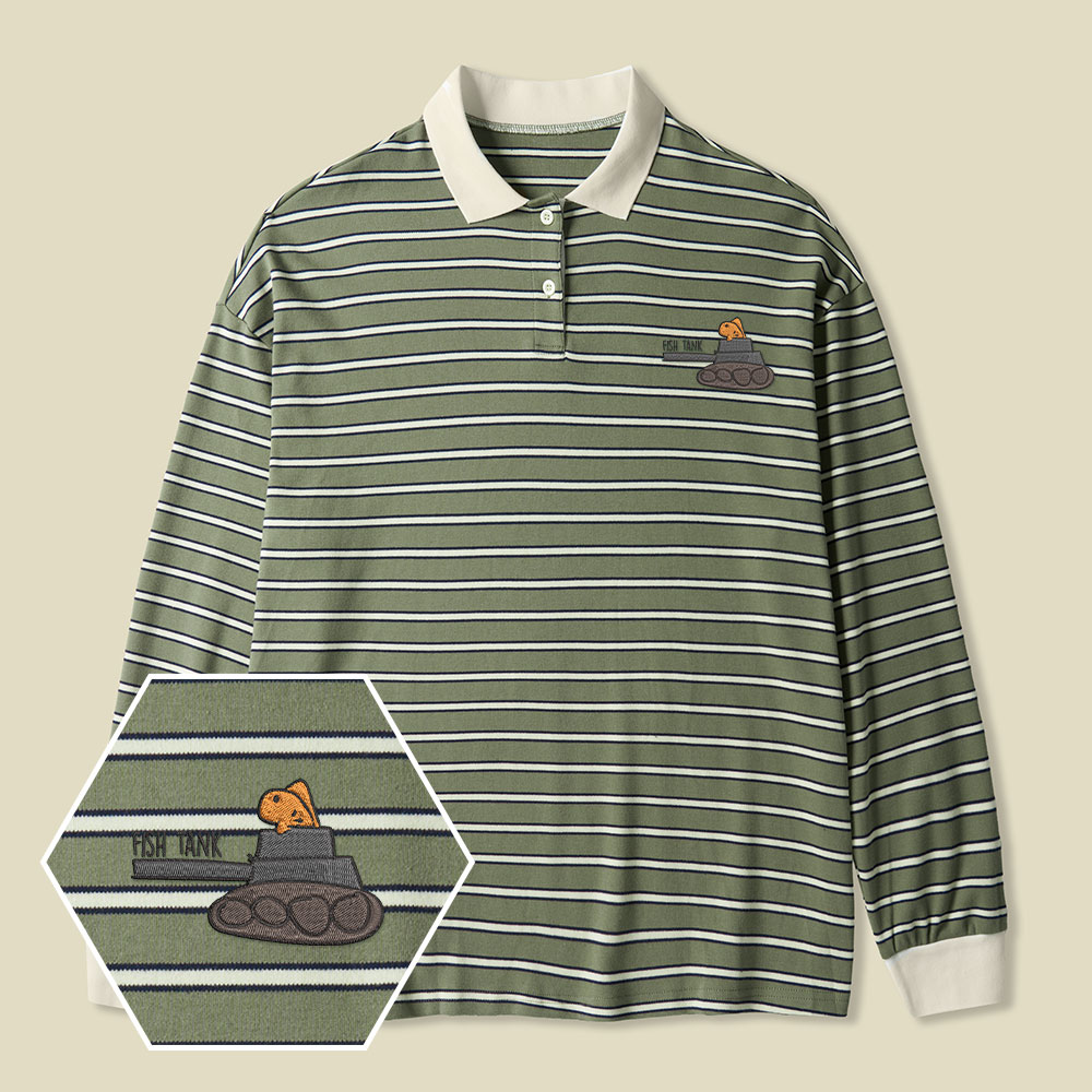 Fish Tank Lycra Striped Embroidered Long-Sleeve Polo