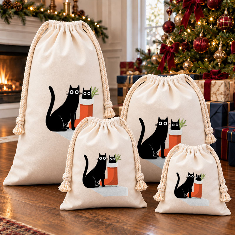 Black Cat & Kitten In Christmas Boot Christmas Drawstring Gift Bag
