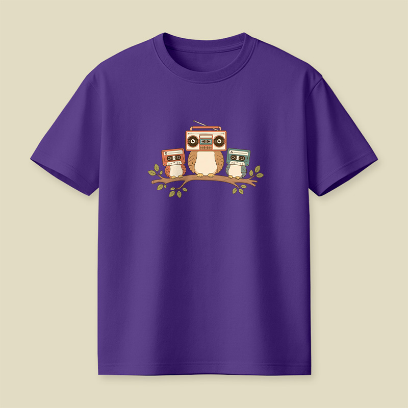 Owls With Boombox And Cassettes Playful T-Shirt