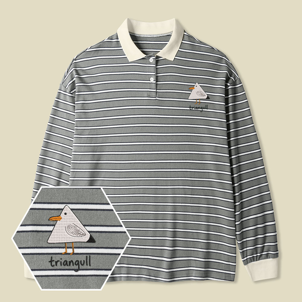 Triangull Funny Geometry Cute Triangle Seagull Bird Lycra Striped Embroidered Long-Sleeve Polo