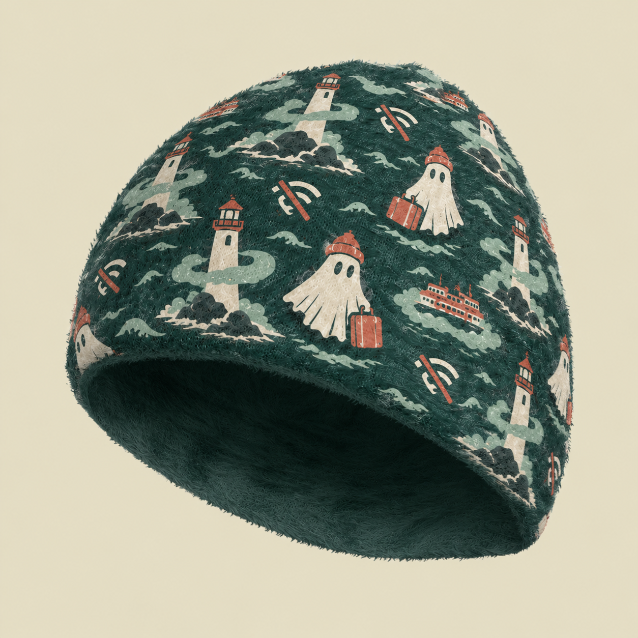 Wandering Ghost Lighthouse Ocean Wave Fuzzy Beanie