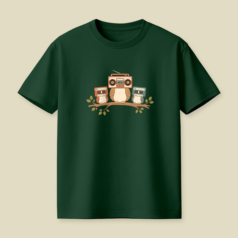 Owls With Boombox And Cassettes Playful T-Shirt