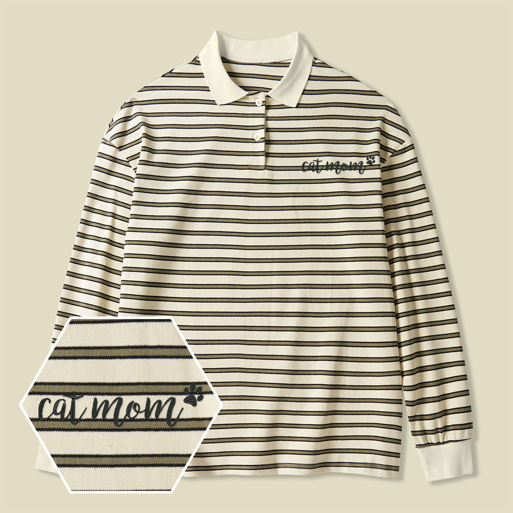 Cat Mom Lycra Striped Embroidered Long-Sleeve Polo