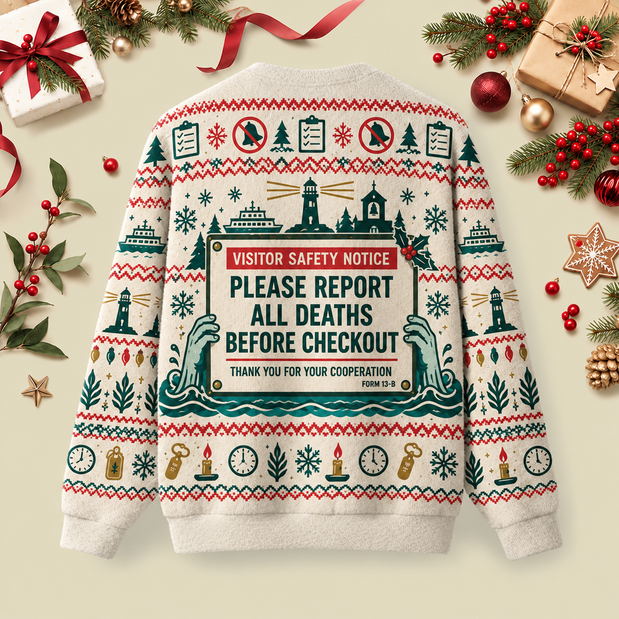 Please Report All Deaths Before Checkout Ugly Christmas Fluffy Sweatershirt