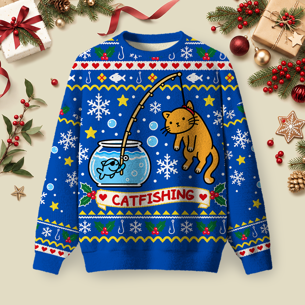 Catfishing Ugly Christmas Fluffy Sweatershirt