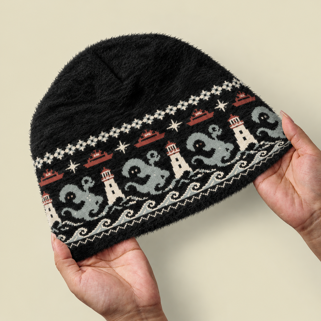 Dark Nautical Kraken Lighthouse Fuzzy Beanie