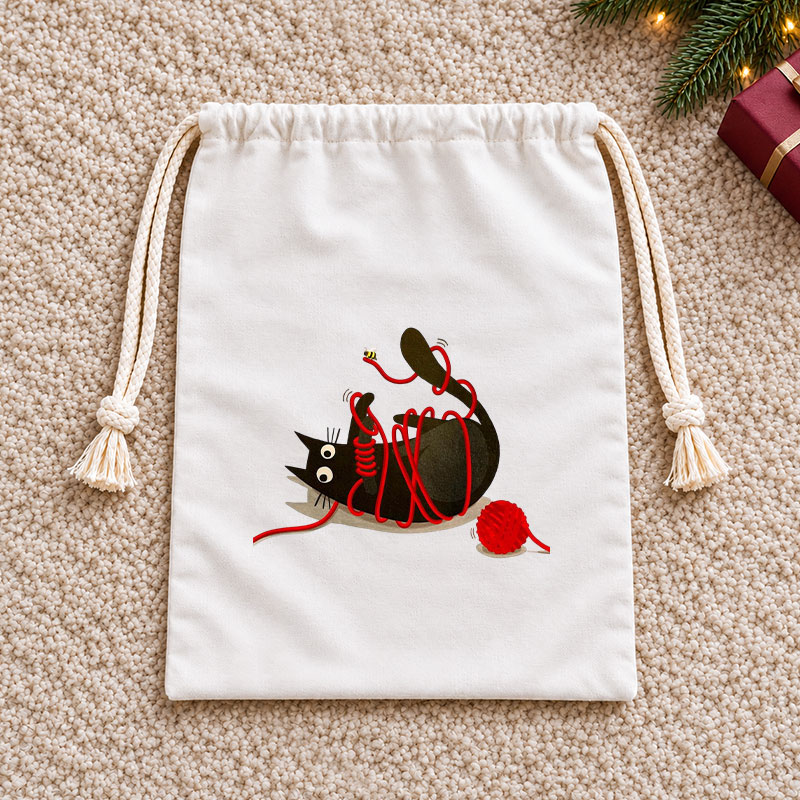 Black Cat Tangled In Red Yarn Christmas Drawstring Gift Bag