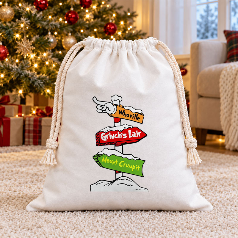 Whoville Directional Signpost Christmas Drawstring Gift Bag