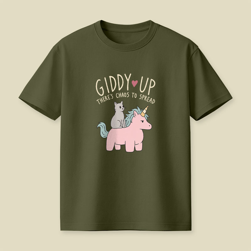 Cute Cat Riding Unicorn - Giddy Up Playful T-Shirt