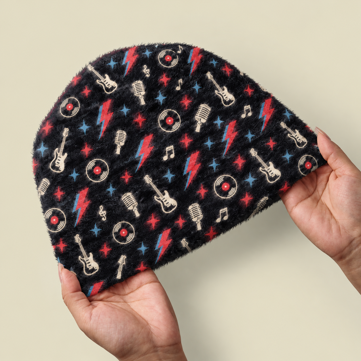 Retro Rock And Roll Music Fuzzy Beanie