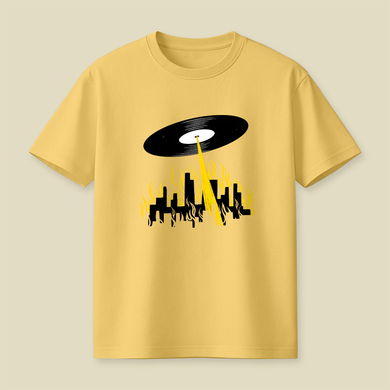 Vinyl Record UFO Invasion Burning City Playful T-Shirt