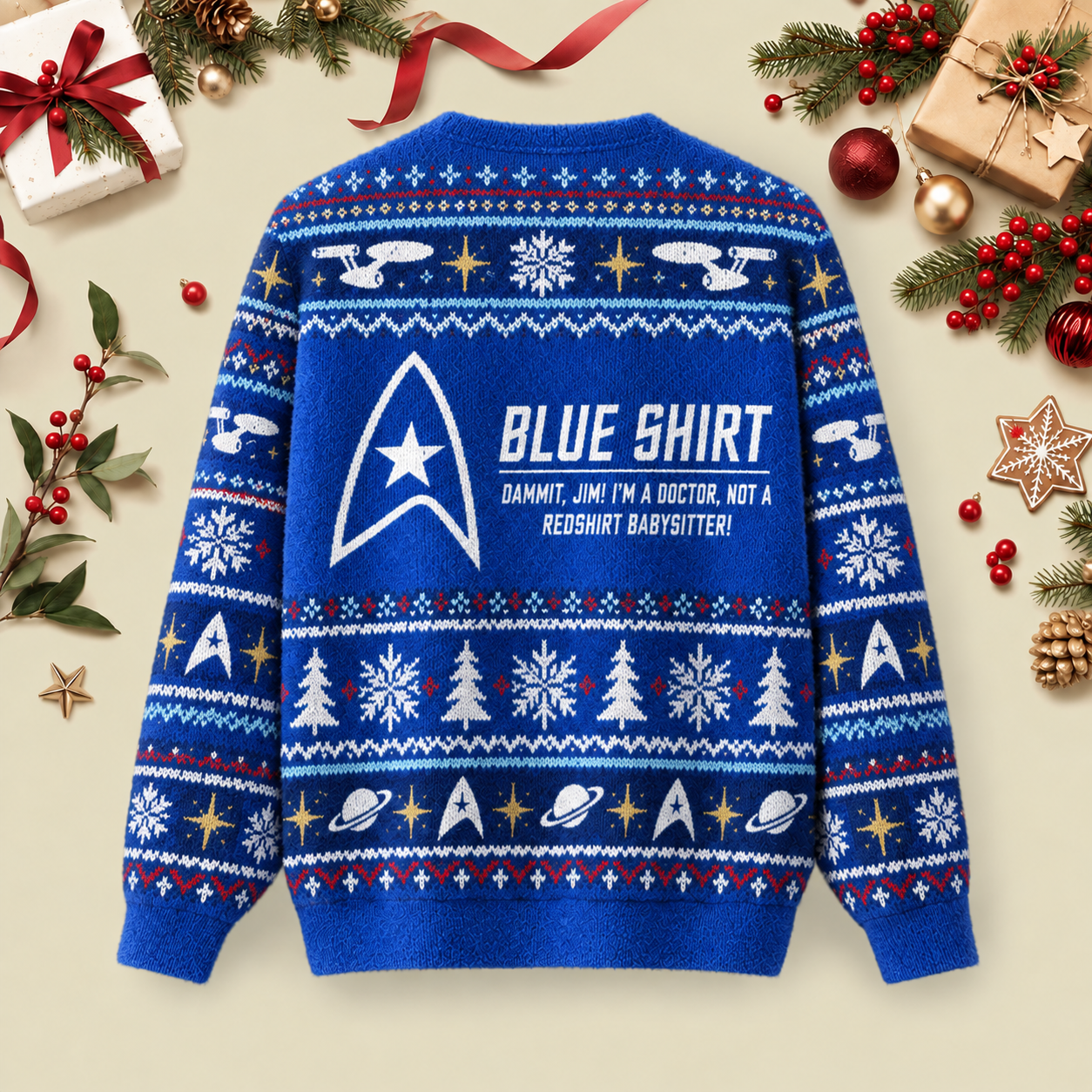 Blue Shirt Not A Redshirt Babysitter Ugly Christmas Fluffy Sweatershirt
