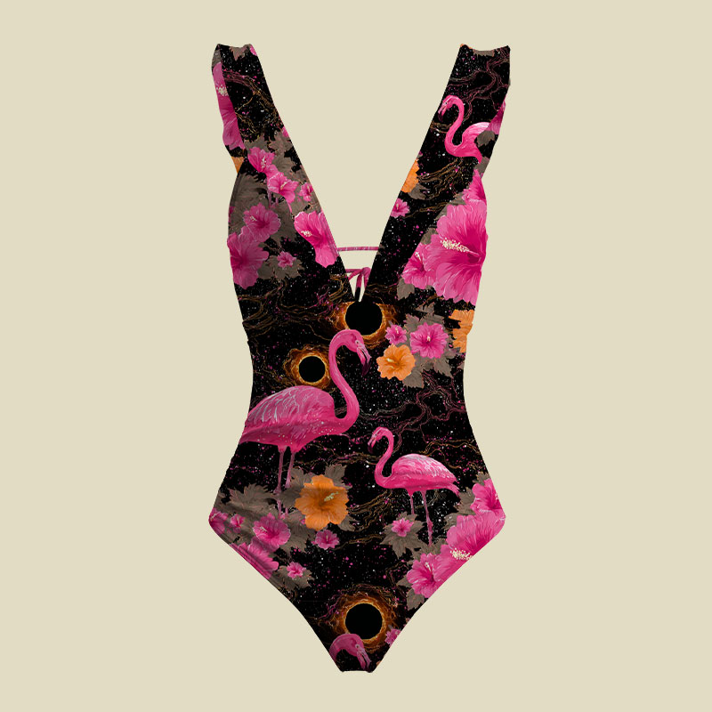 Cosmic Flamingo V-Neck One Piece Swimsuit