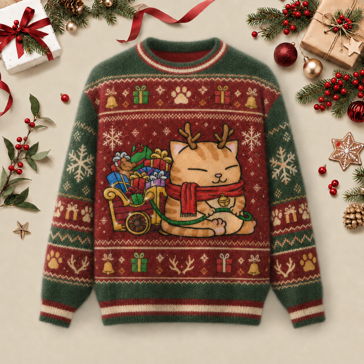 Christmas Reindeer Cat Ugly Christmas Fluffy Sweatershirt